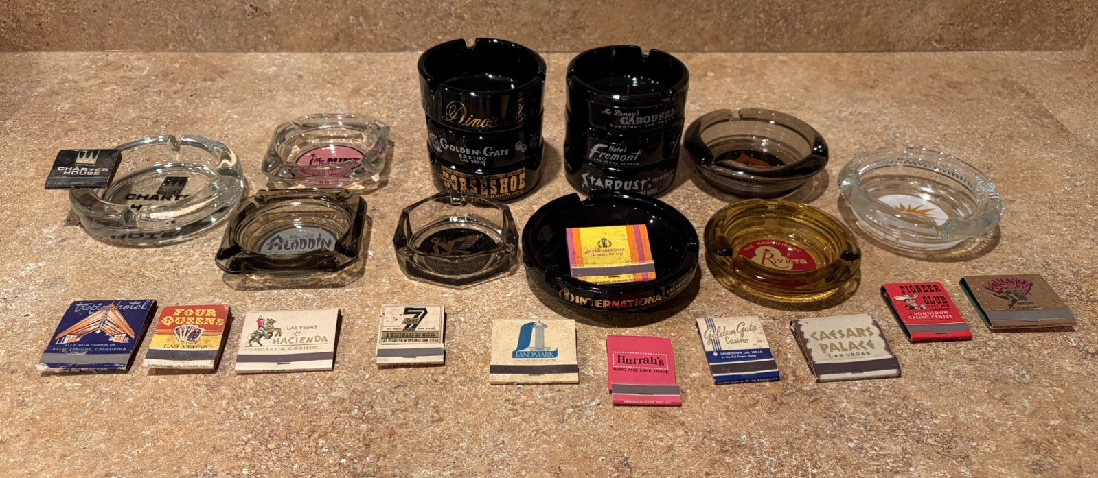 Lot Vintage Las Vegas 14 Ashtrays 12  Matchbooks Glass Ceramic Old Casino Strip
