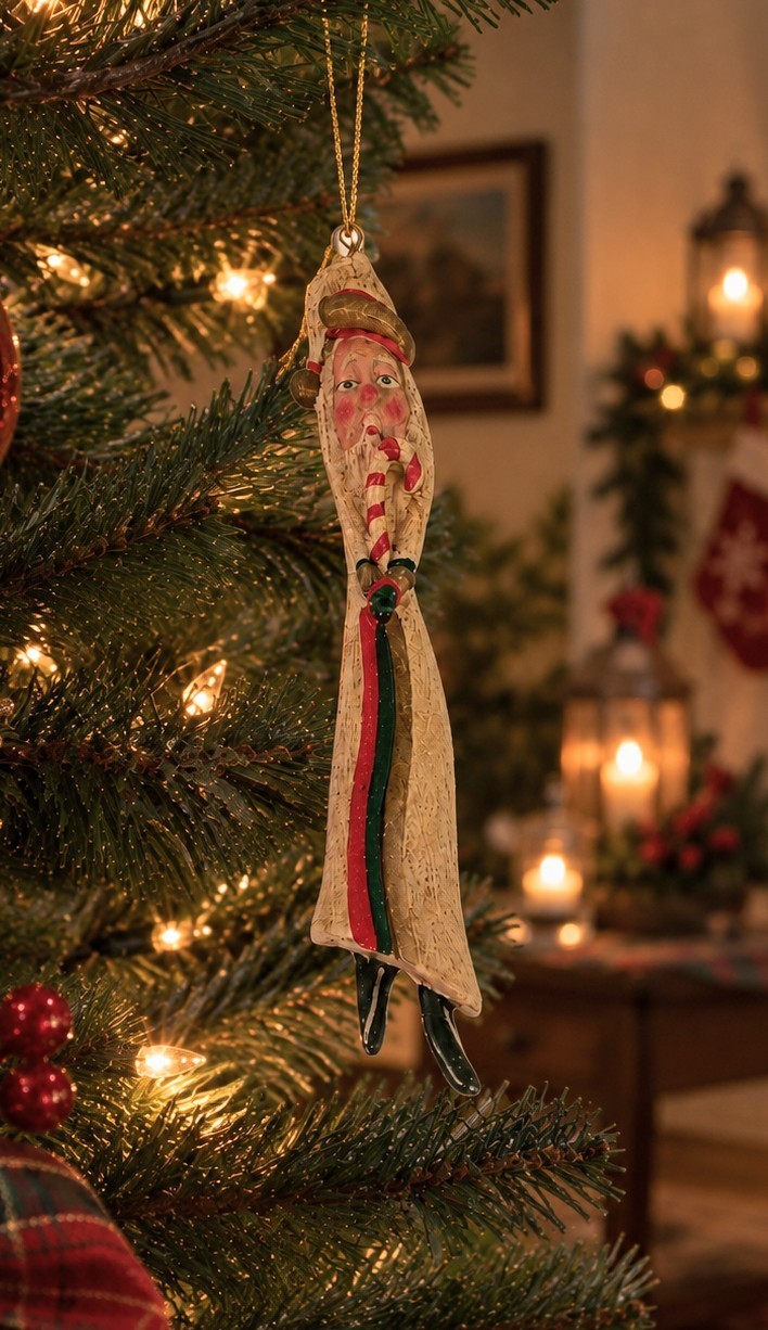 Vintage Bill Jauquet Folk Art Pencil Santa Claus Christmas Ornament 7.5” Signed 