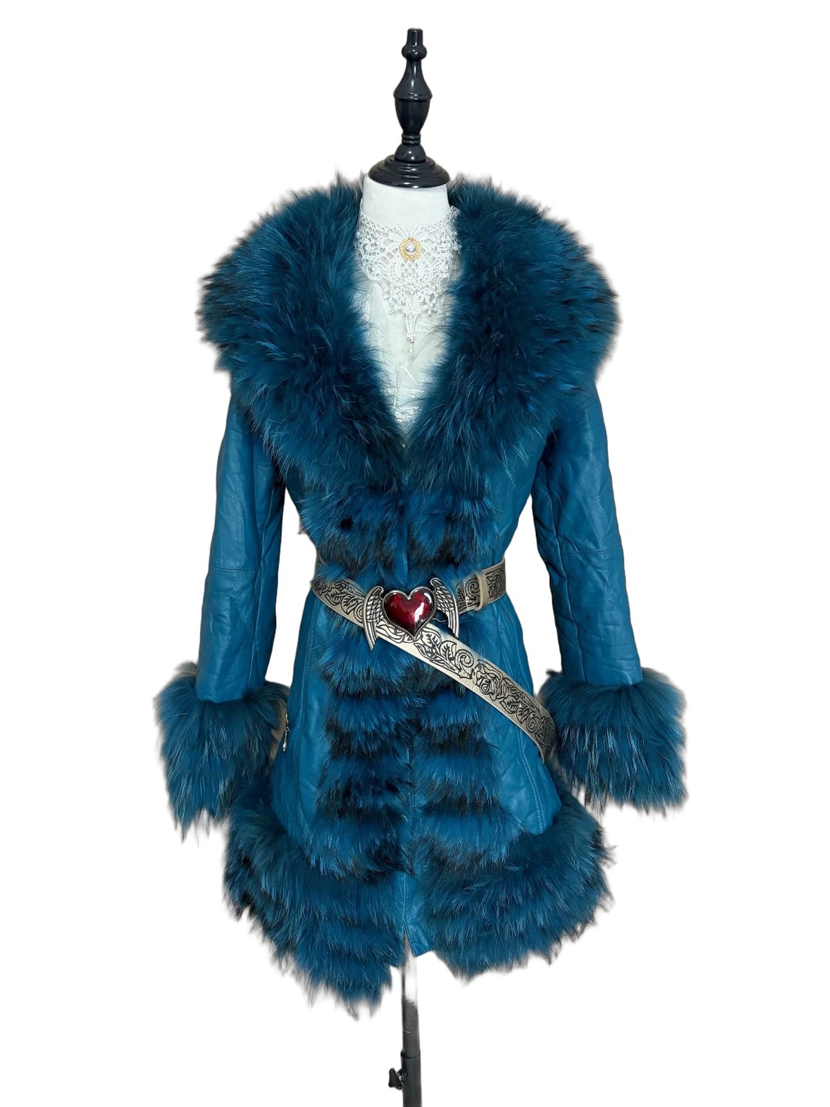 Blue Padded Cotton Sheepskin Coat with Raccoon dog  fur collar