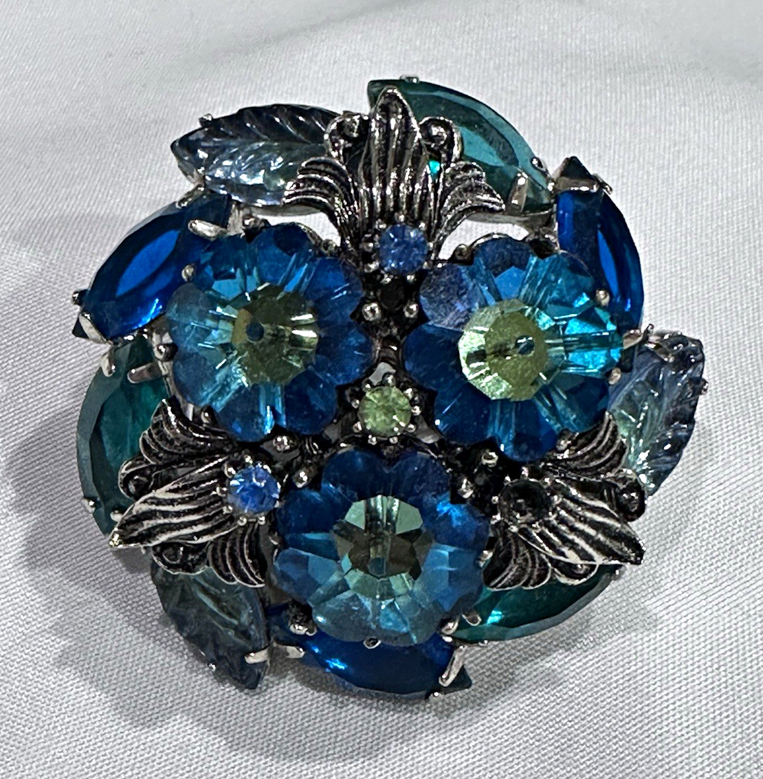 Vintage 60’s Blue & Teal Rhinestone Floral Brooch Large - Unsigned