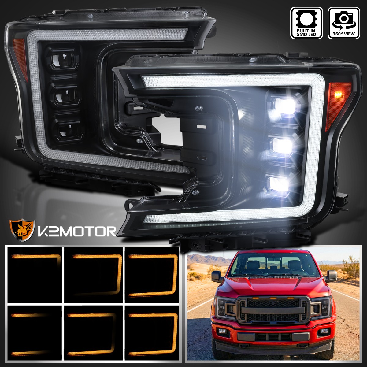 Fits 2018-2020 Ford F150 Black Full LED DRL Projector Headlights Switchback Fits 2018-2020 Ford F150 Black Full LED DRL Projector Headlights Switchback