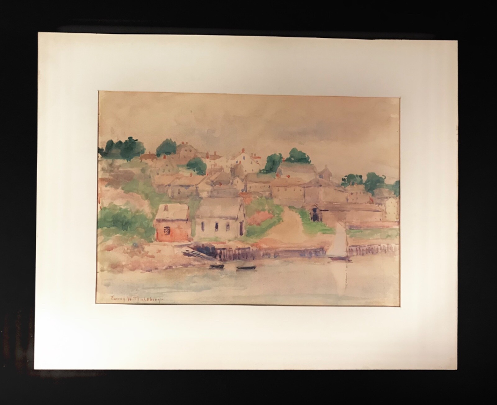 Original FANNY WALLACE TEWKSBURY (1852-1934) Watercolor Coastal Village Signed