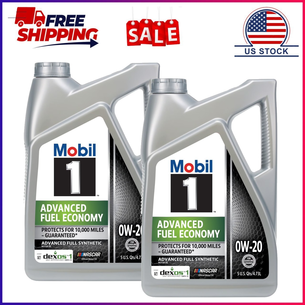 2 Pack, Mobil 1 Advanced Fuel Economy Full Synthetic Motor Oil 0W-20, 5 Quart