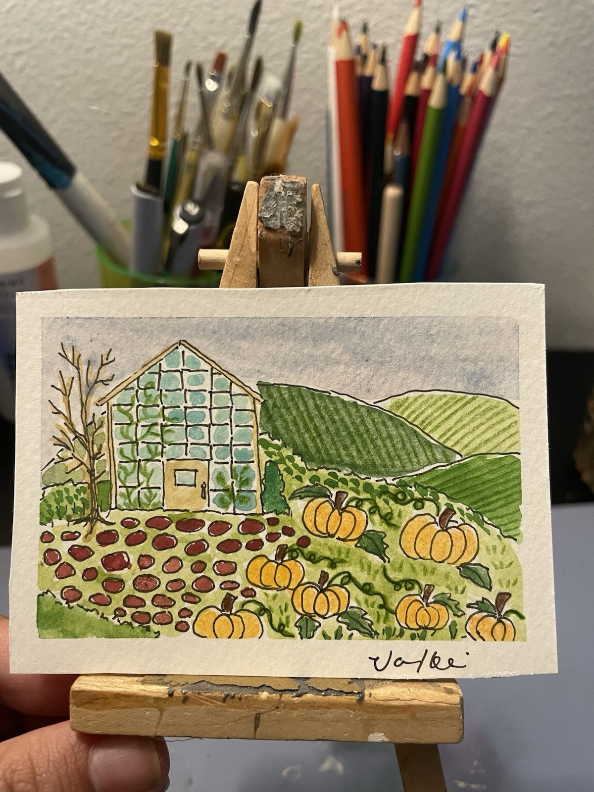 ACEO Greenhouse Garden Pumpkin Patch Field Watercolor Painting Signed Original ACEO Greenhouse Garden Pumpkin Patch Field Watercolor Painting Signed Original