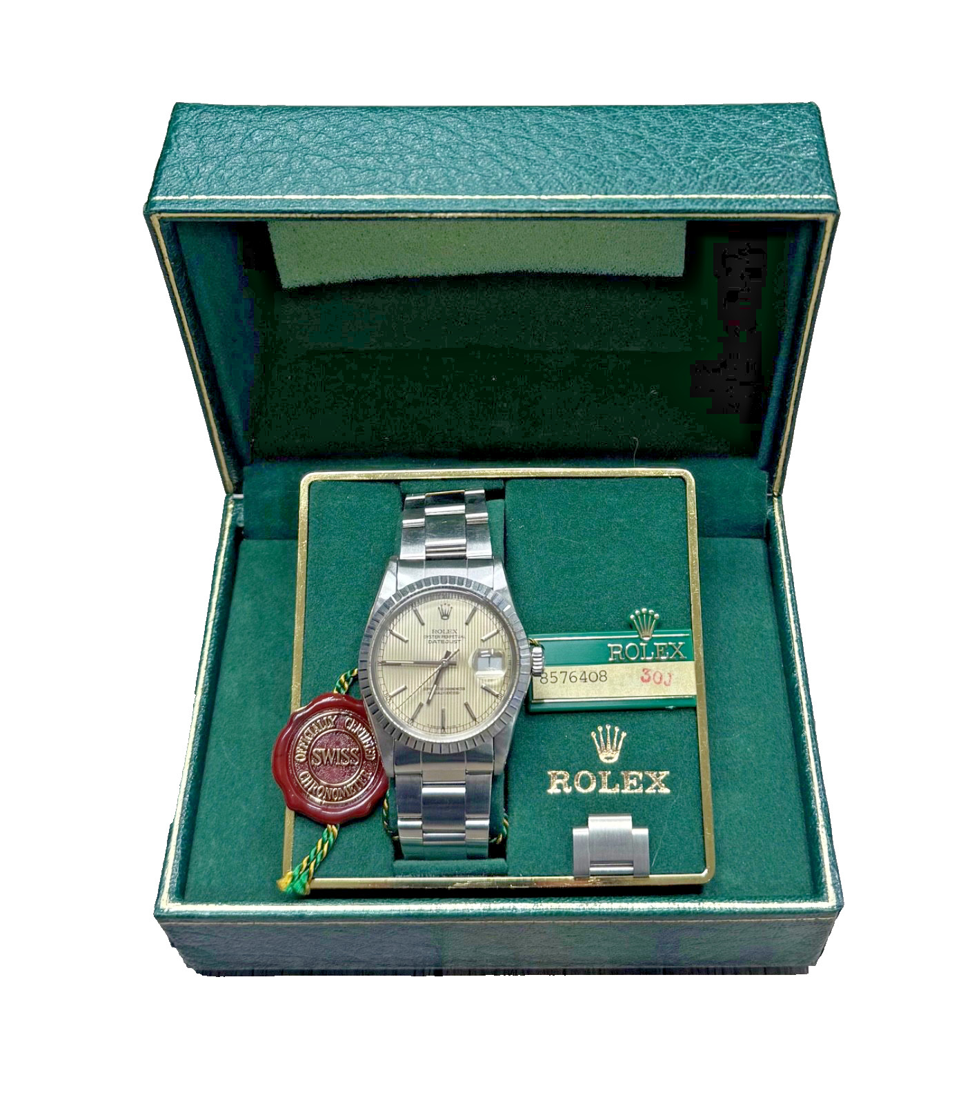 Mens Rolex Date Just Lennon Dial 36mm Watch 16030 Oyster Bracelet Complete Set