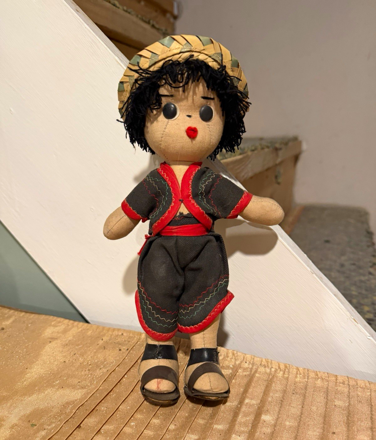 Vintage Handmade Cloth Folk Doll Boy Woven Straw Hat Traditional Costume.