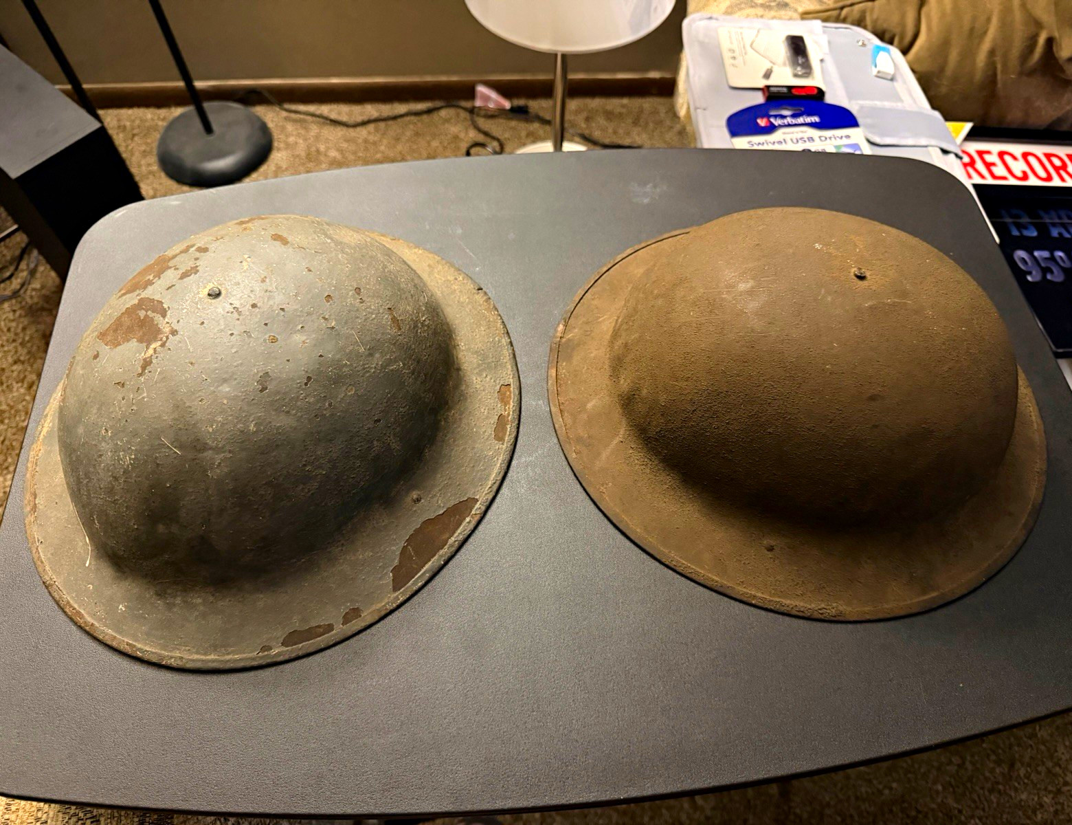 Original WWI British Brodie-Style Steel Helmets Lot of 2 Brown & Green