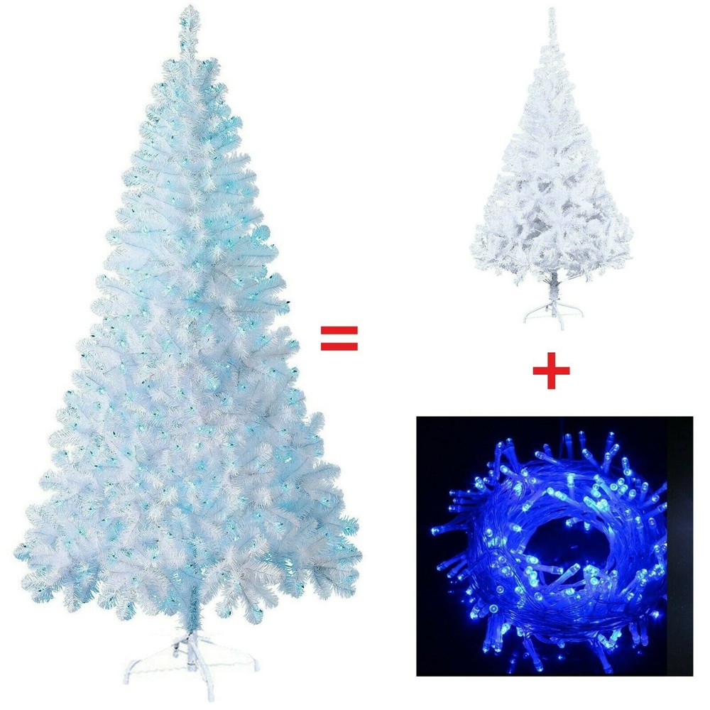4/5/6/7FT White Artificial Christmas Tree with Blue LED Lights Holiday Decor US