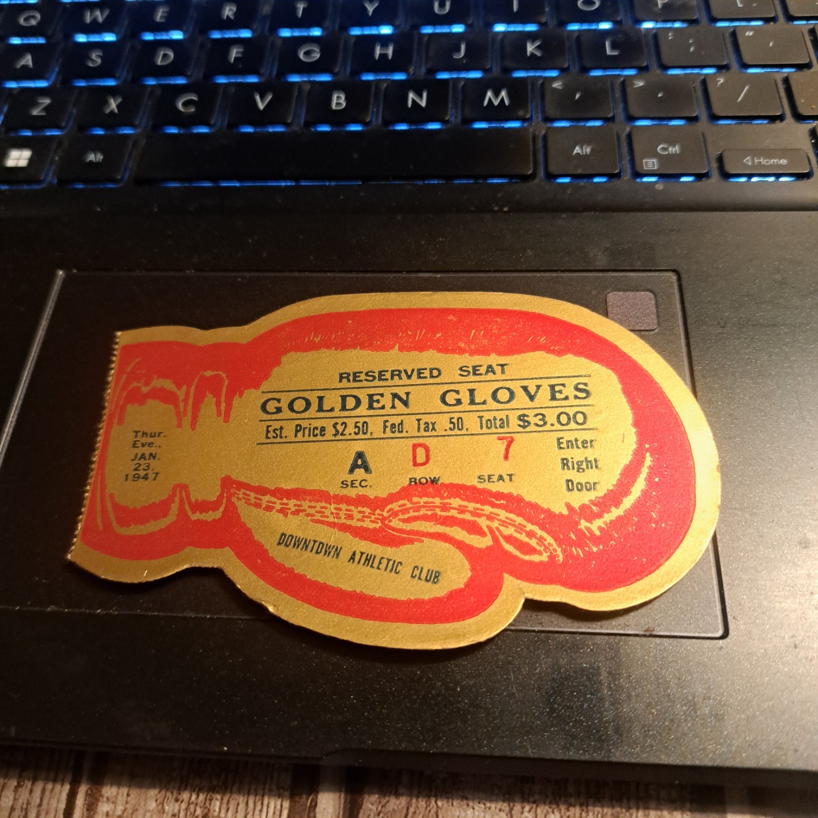 RARE 1947  Golden Gloves boxing reserved ticket shaped like a boxing glove