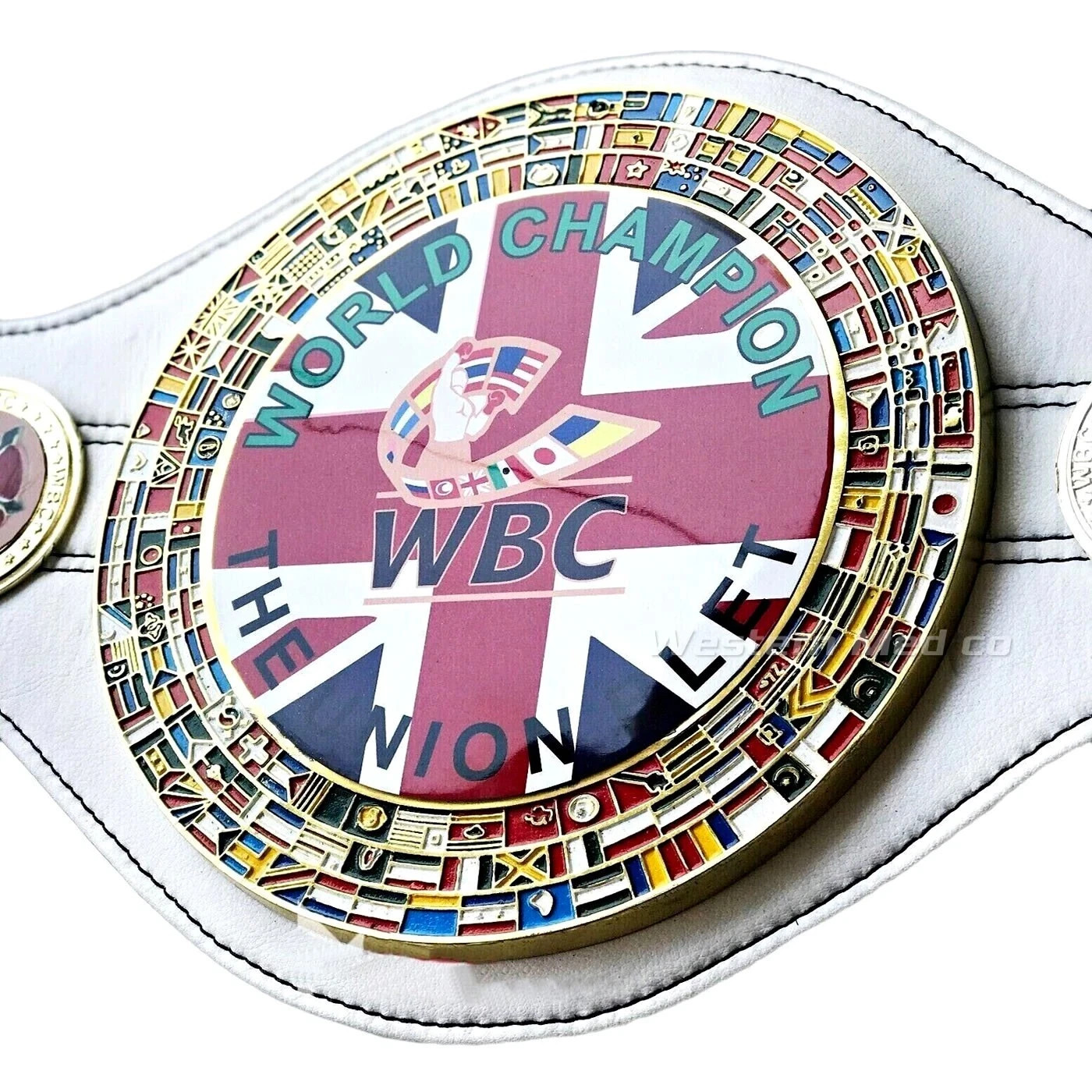 WBC Replica Boxing Belt Union Jack World Champion Adult Size White Gold Tone