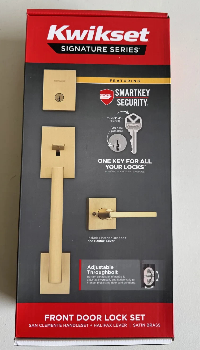 Kwikset San Clemente Handleset + Halifax Lever Front Door Lock Set (Satin Brass) Kwikset San Clemente Handleset + Halifax Lever Front Door Lock Set (Satin Brass)