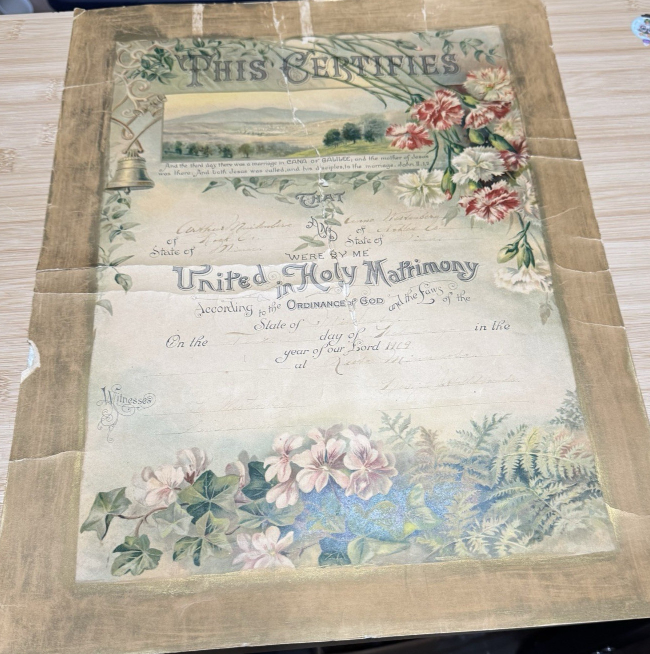 Antique Marriage Certificate 1909 Victorian Ephemera Minnesota- Repaired