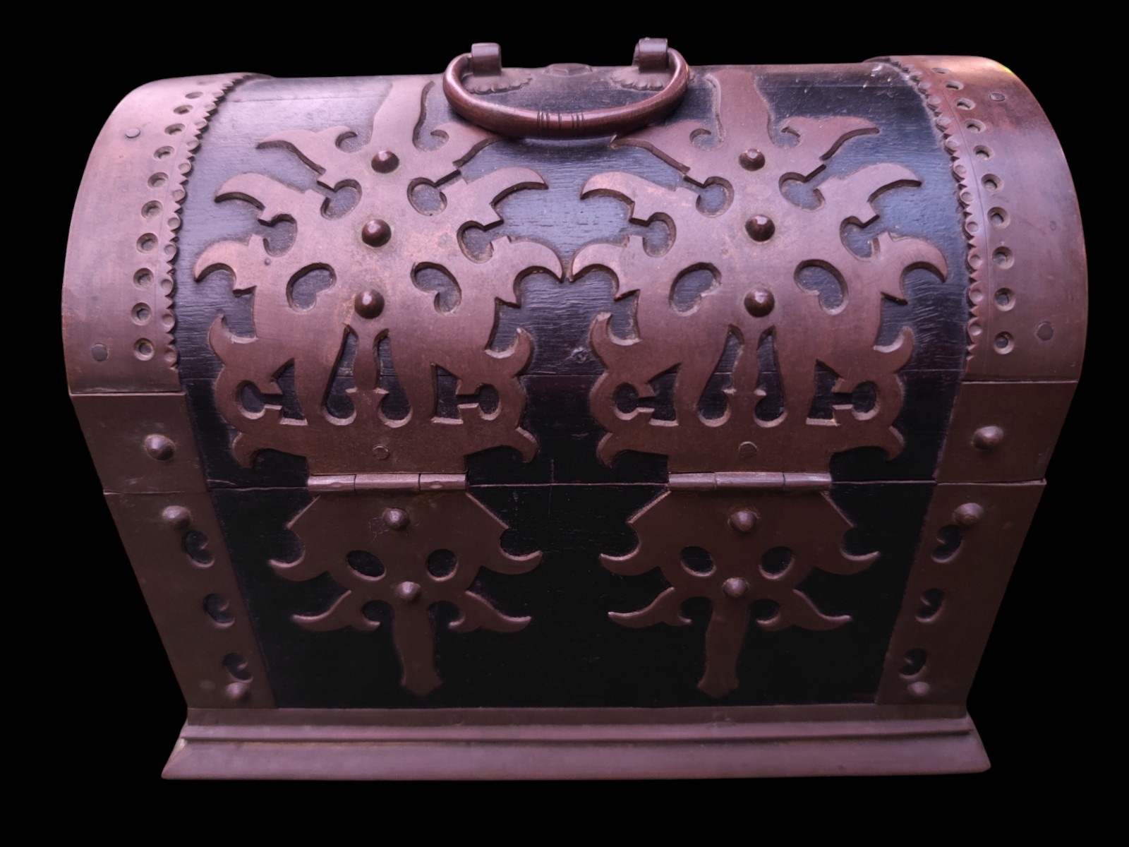  Antique Vintage Wooden Chest Copper Brass Metal Overlay Domed Trinket Box Lock