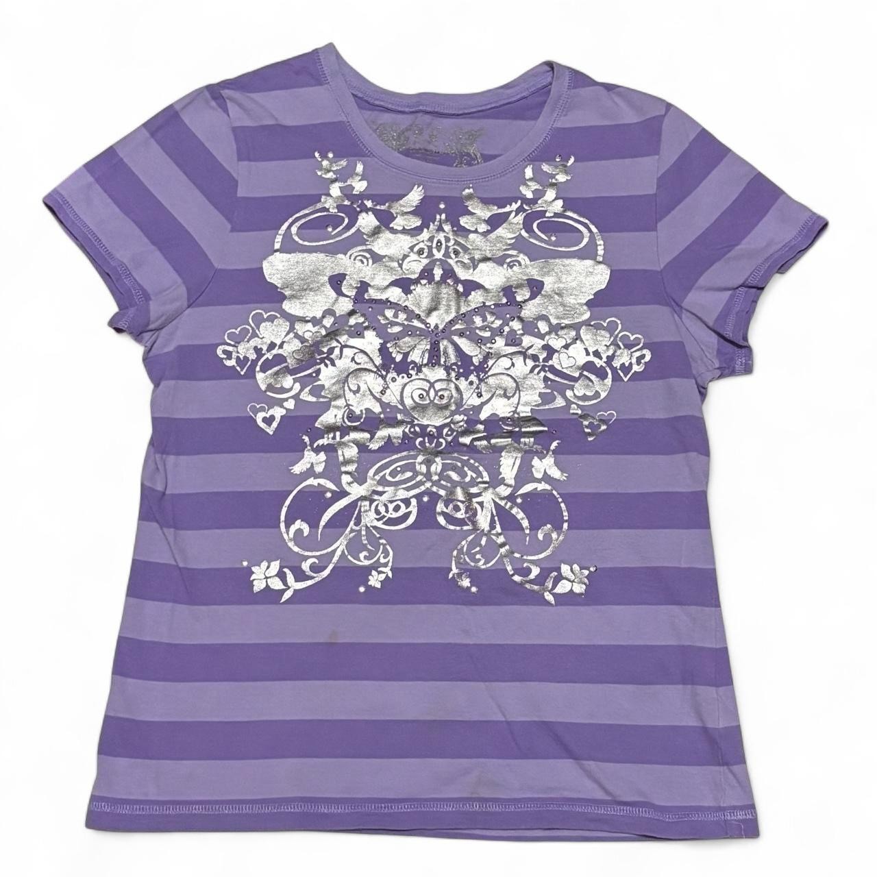 Vintage Y2K McBling Silver Swirls Bedazzled Butterfly Design Striped Graphic Tee