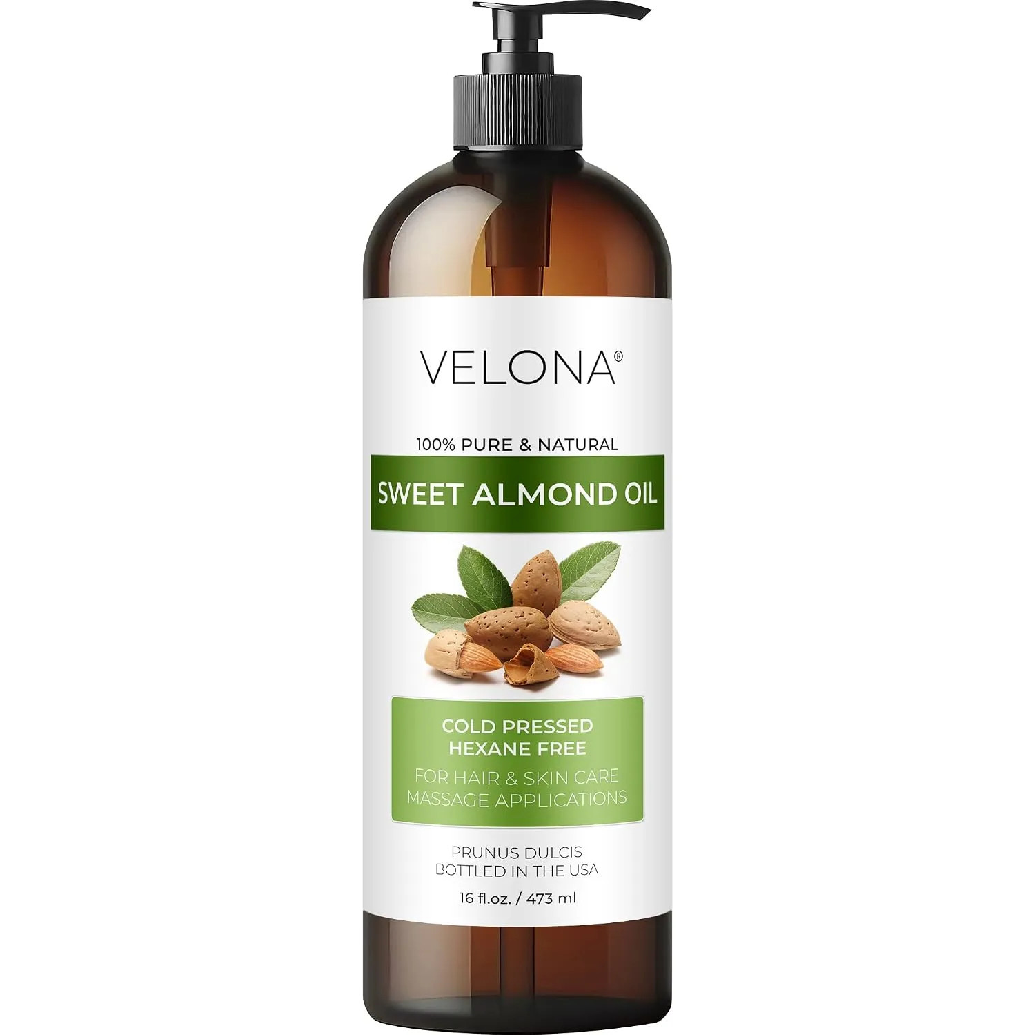 Velona Sweet Almond Oil 16 fl oz Cold Pressed Natural Carrier Oil with Pump