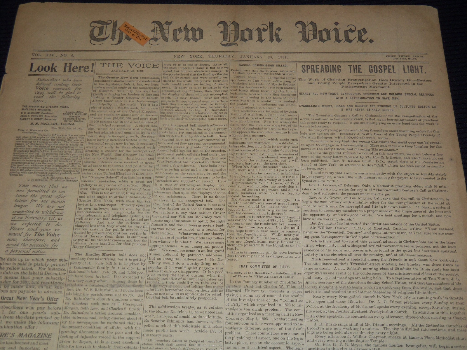 1897 JANUARY 28 THE NEW YORK VOICE NEWSPAPER - NT 9575