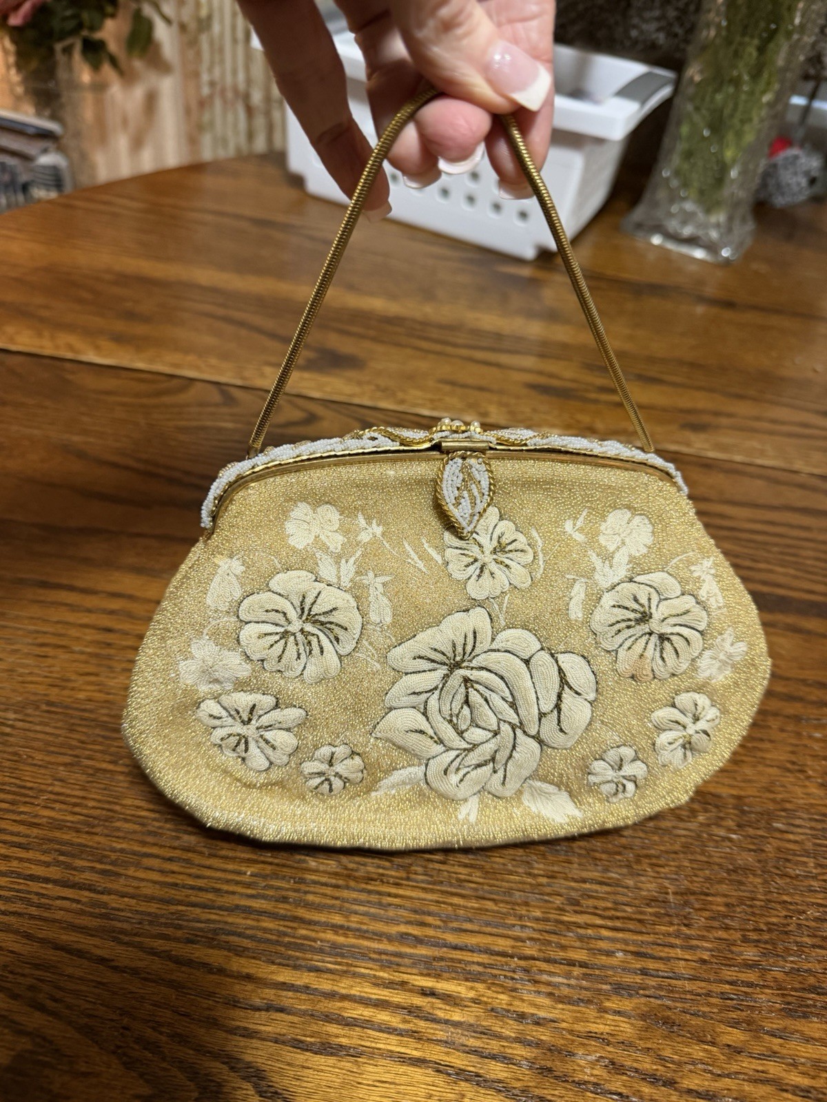 Vintage Gold Fabric Floral Embroidered Evening Purse made in France 1930-1960’s
