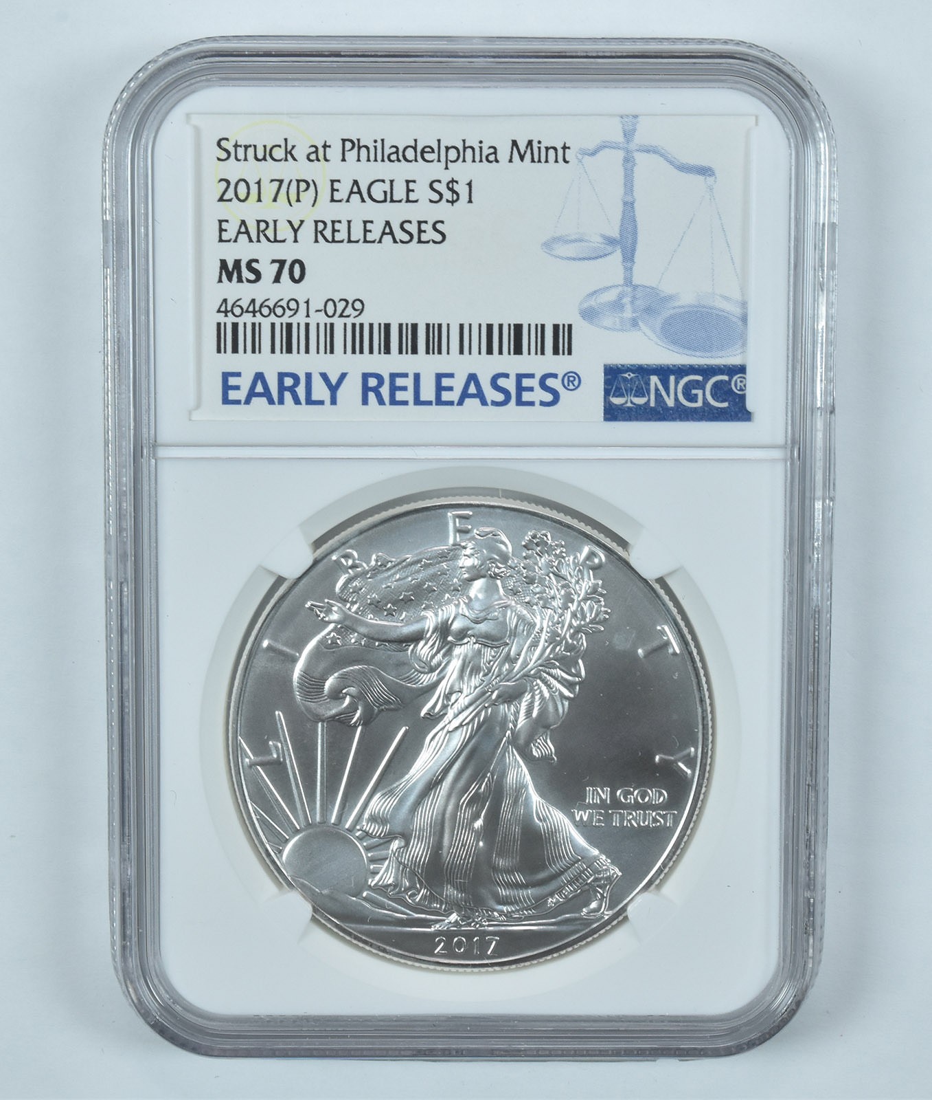 2017 (P) American Silver Eagle Struck at Philadelphia ER MS70 NGC Blue 2017 (P) American Silver Eagle Struck at Philadelphia ER MS70 NGC Blue