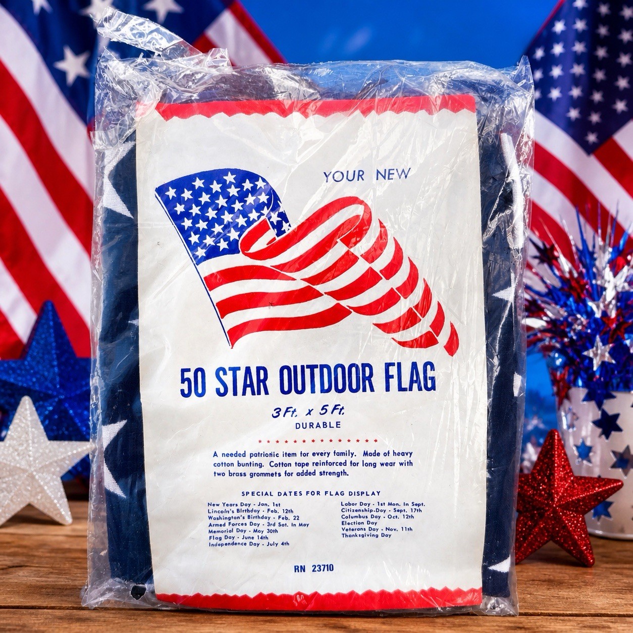 Vintage 50 Star American Flag 3x5 Sealed NOS Cotton RN 23710 USA 1960s Patriotic