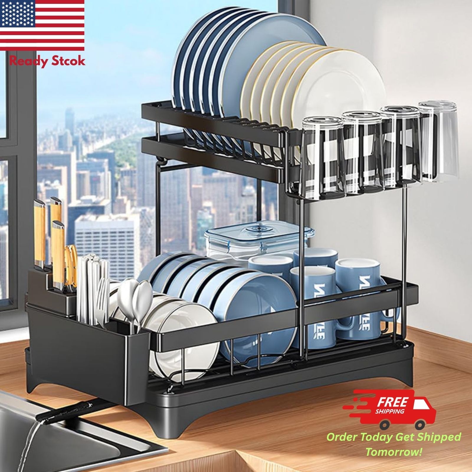 2-Tier Over Sink Dish Drying Rack Stainless Steel Kitchen Organizer Shelf with C
