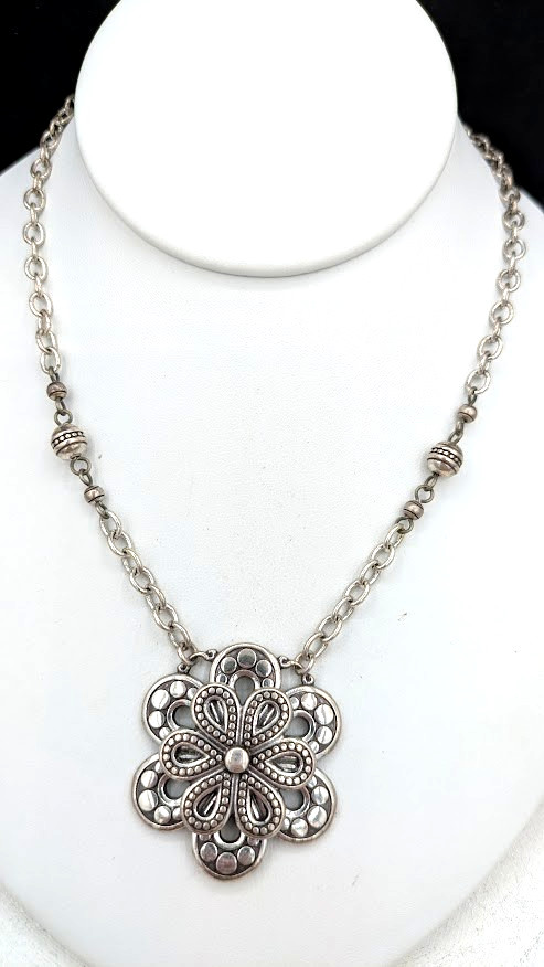 Vintage Brighton Necklace Flower Pendant Silver Tone Statement 18 Inch