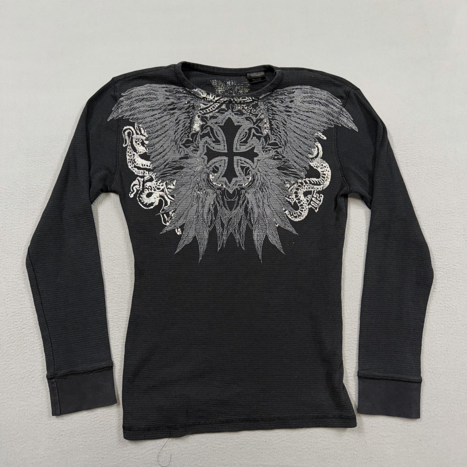 Vintage Affliction Style shirt mens large Gothic Wings cross grunge skater
