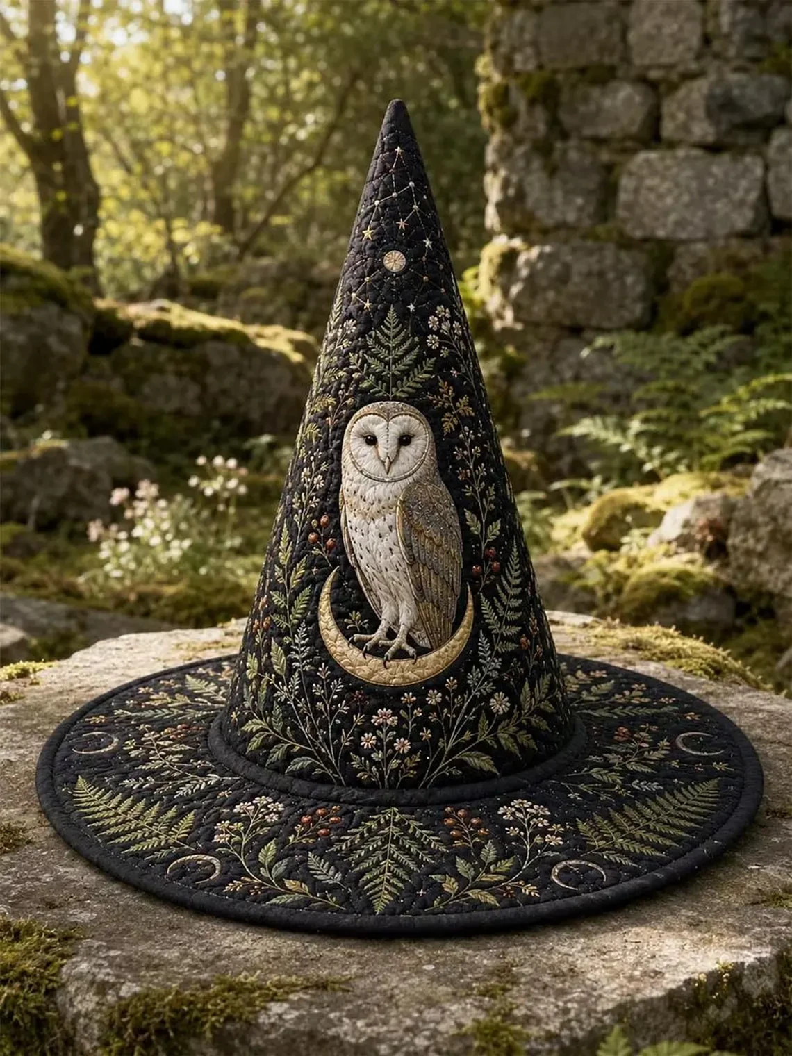 Halloween Witch Hat, Moonlit Owl Quilted Witch Hat, Gothic Halloween Costume