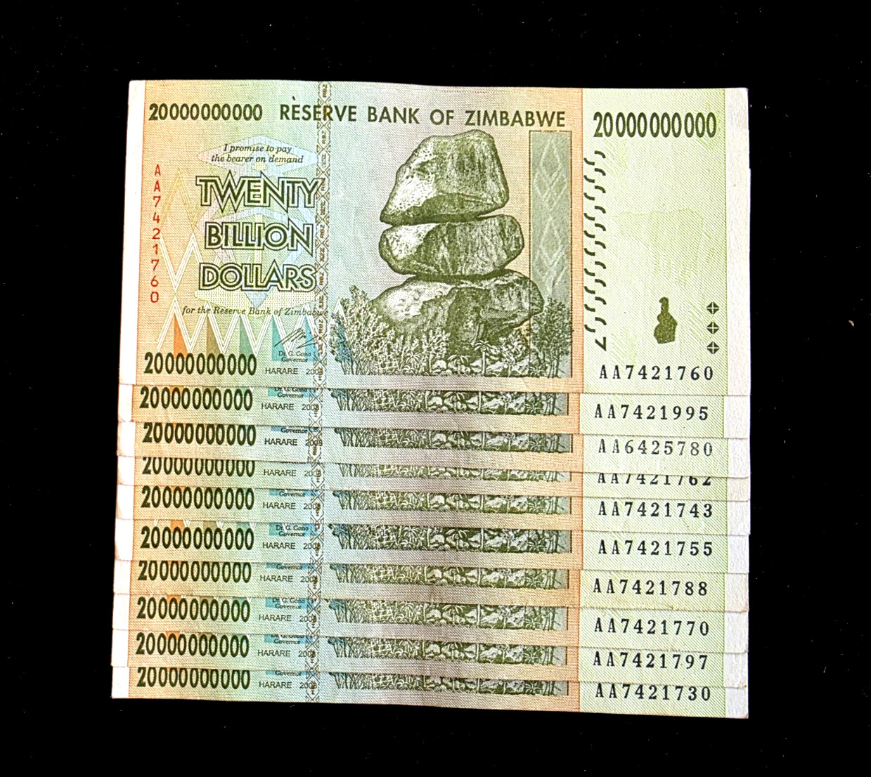 10 x Zimbabwe 20 Billion Dollar banknotes- 2008 authentic currency pre trillion