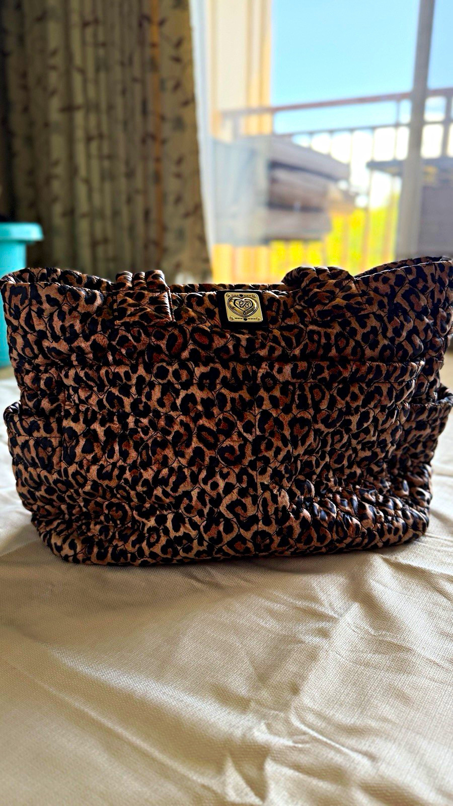 Brighton Leopard Animal Print Top Handle Bag Zip Closure Heart Charm Pockets