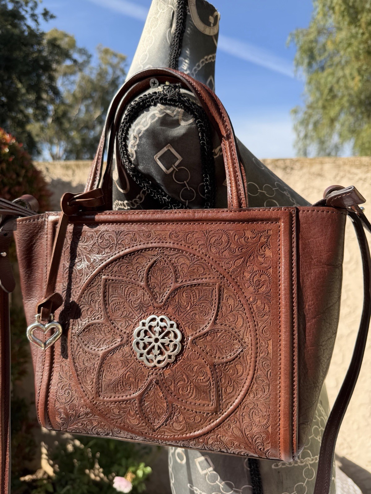 Brighton Ferrara Medallion Calla Whiskey Brown Laser Etched Leather Crossbody