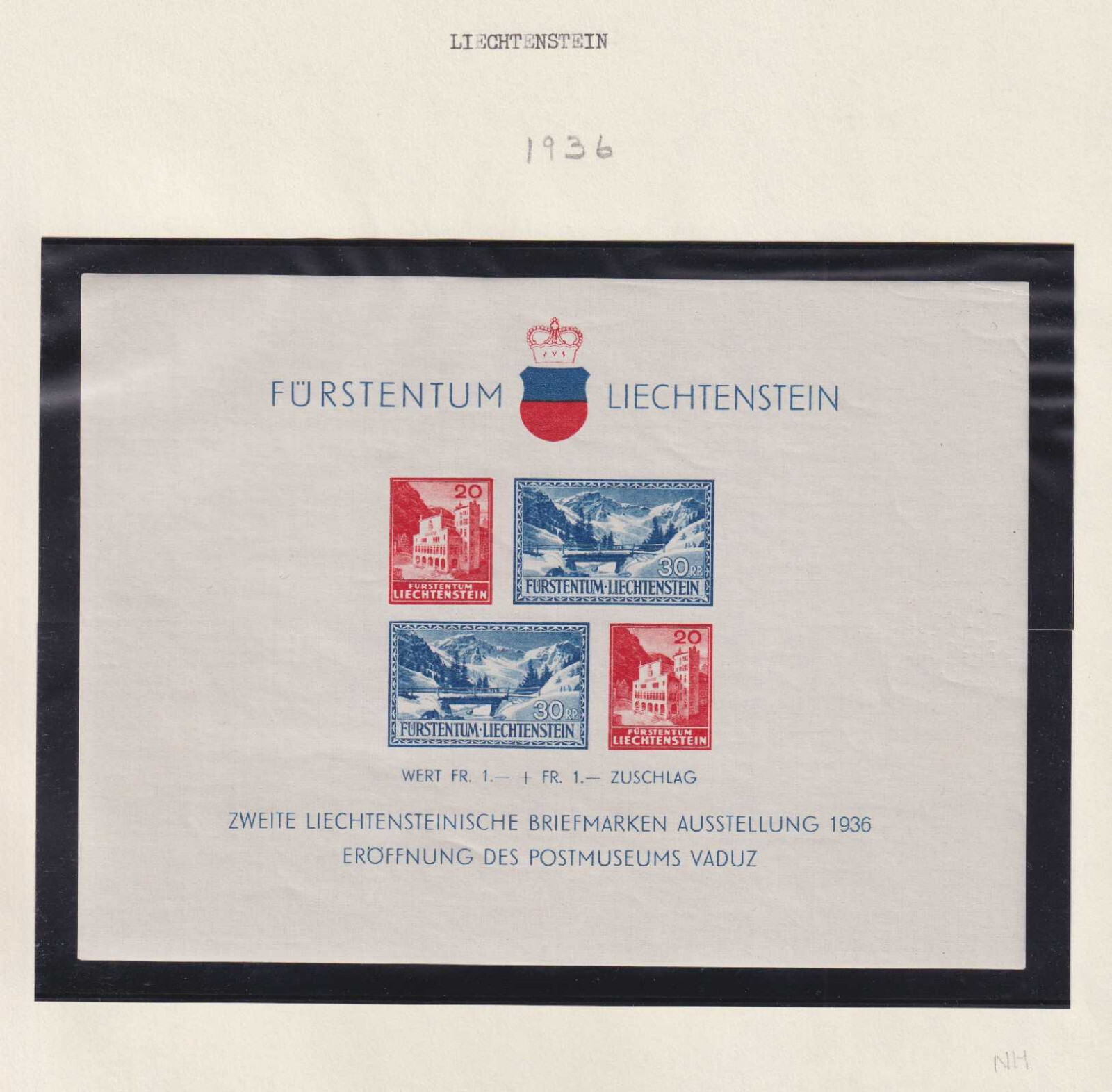 LIECHTENSTEIN B14 SEMI-POSTAL SHEET MINT NEVER HINGED OG ** ON PAGE - BINDAL