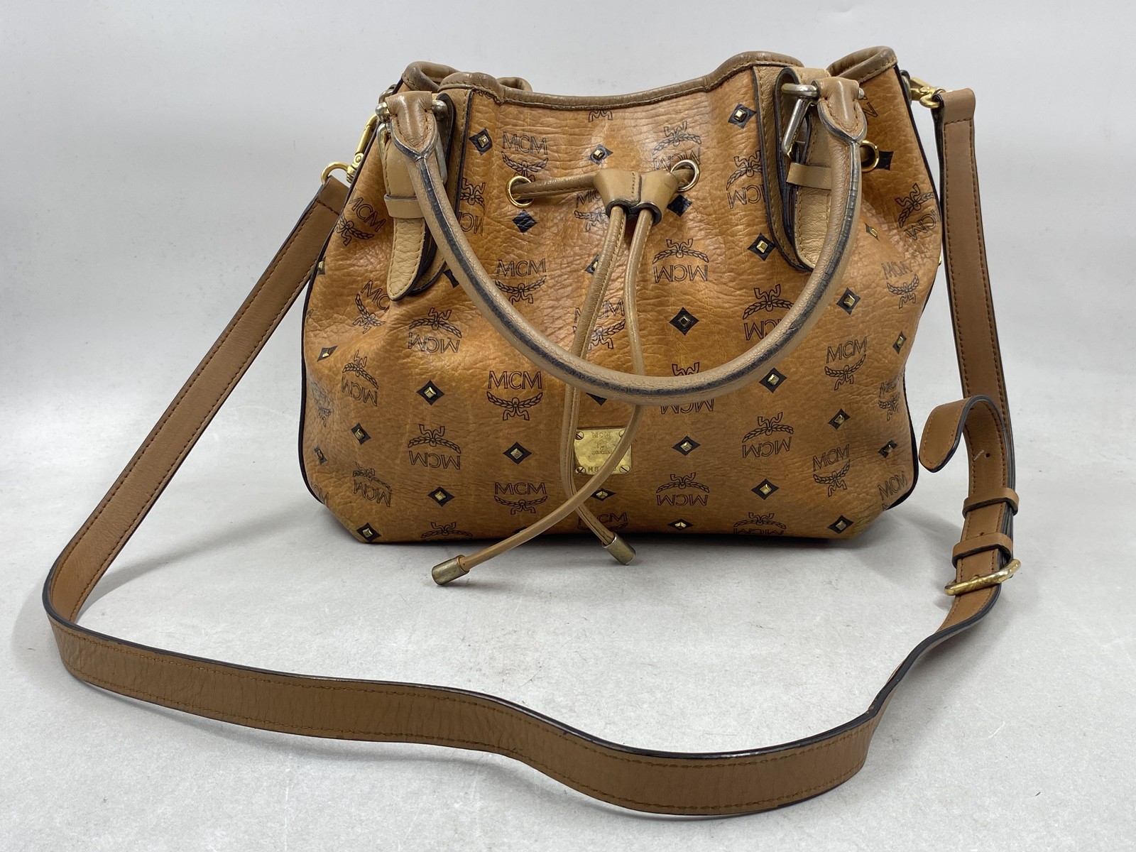 Vintage MCM Cognac Visetos Monogram Studded Bucket Bag Handbag Brown