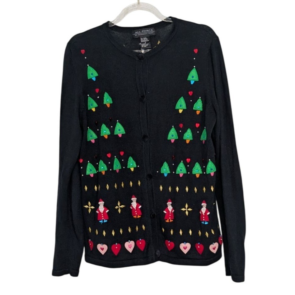 All Points Christmas Cardigan Womens Size Small Black Applique Santa Whimsical
