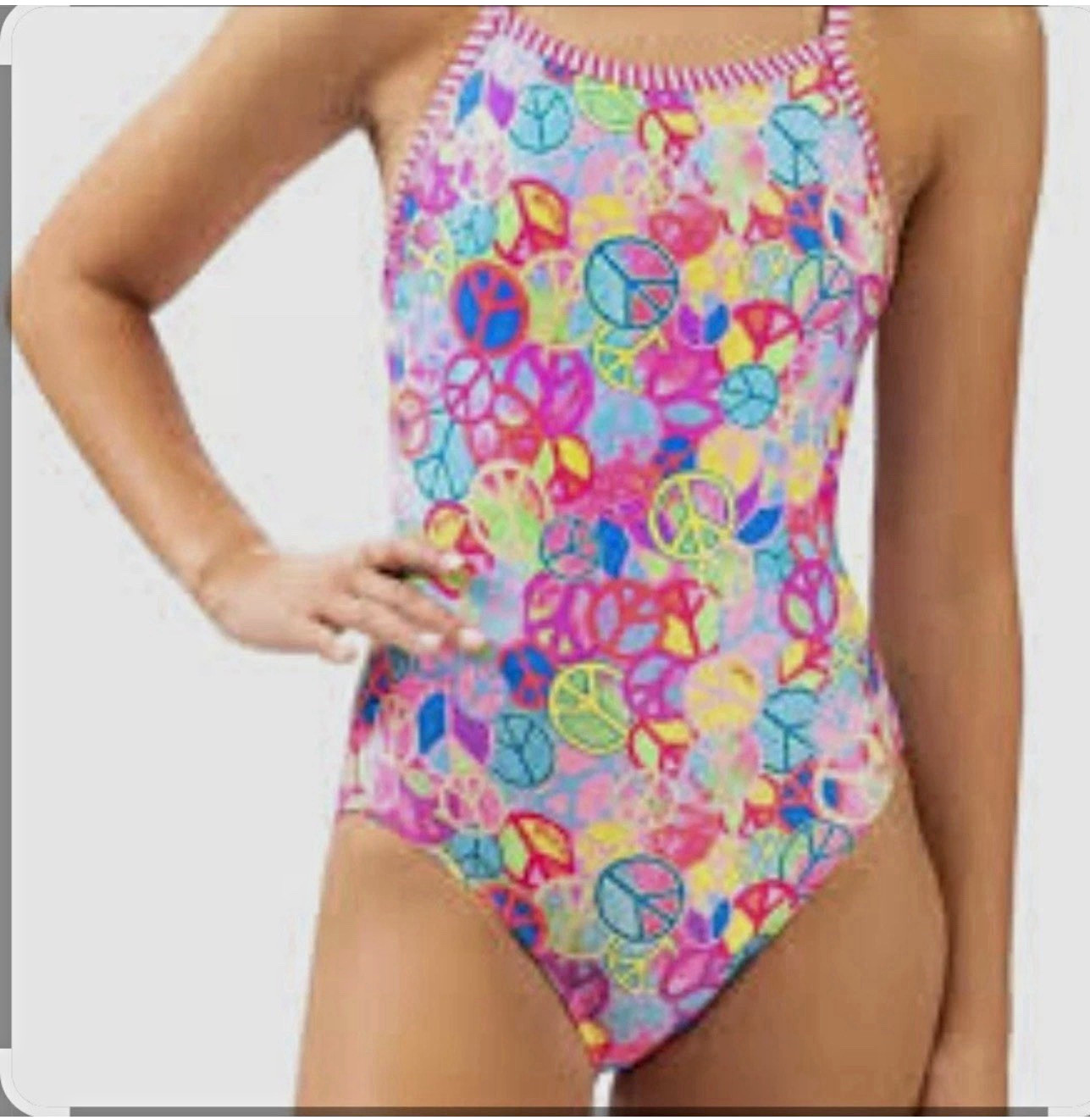 Dolfin Uglies SZ 30 One-Piece Swimsuit Peace Signs Open Back Pink/Multicolor Dolfin Uglies SZ 30 One-Piece Swimsuit Peace Signs Open Back Pink/Multicolor
