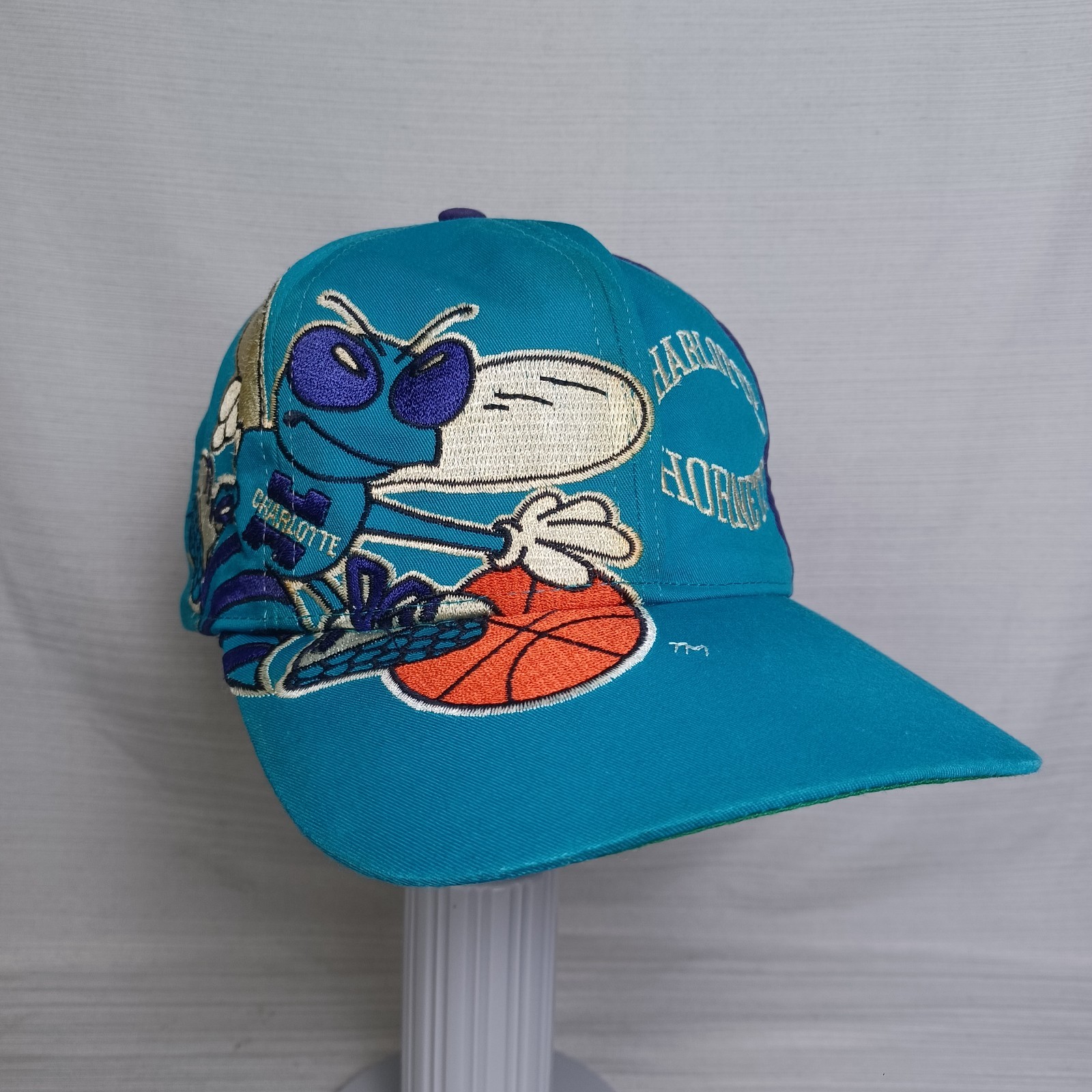 Vintage 90s Charlotte Hornets Twins Hat Cap Teal Big Logo Snapback NBA RARE