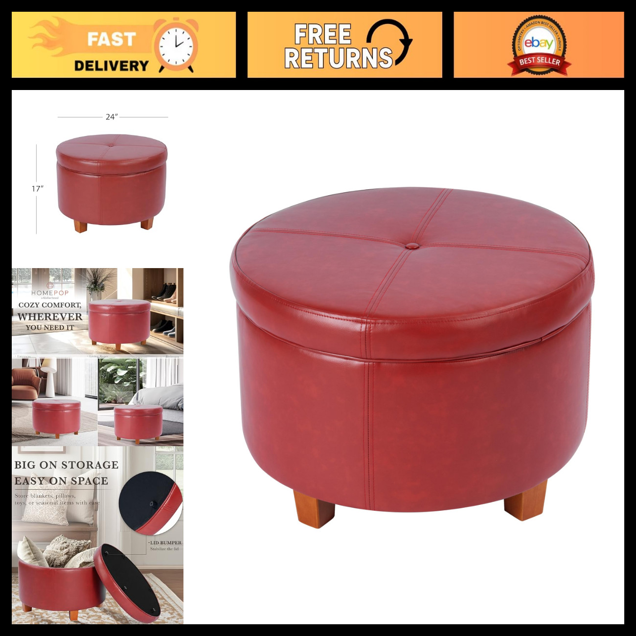 Round Leatherette Storage Ottoman with Lid - Large Cinnamon Red, Stylish & Funct Round Leatherette Storage Ottoman with Lid - Large Cinnamon Red, Stylish & Funct