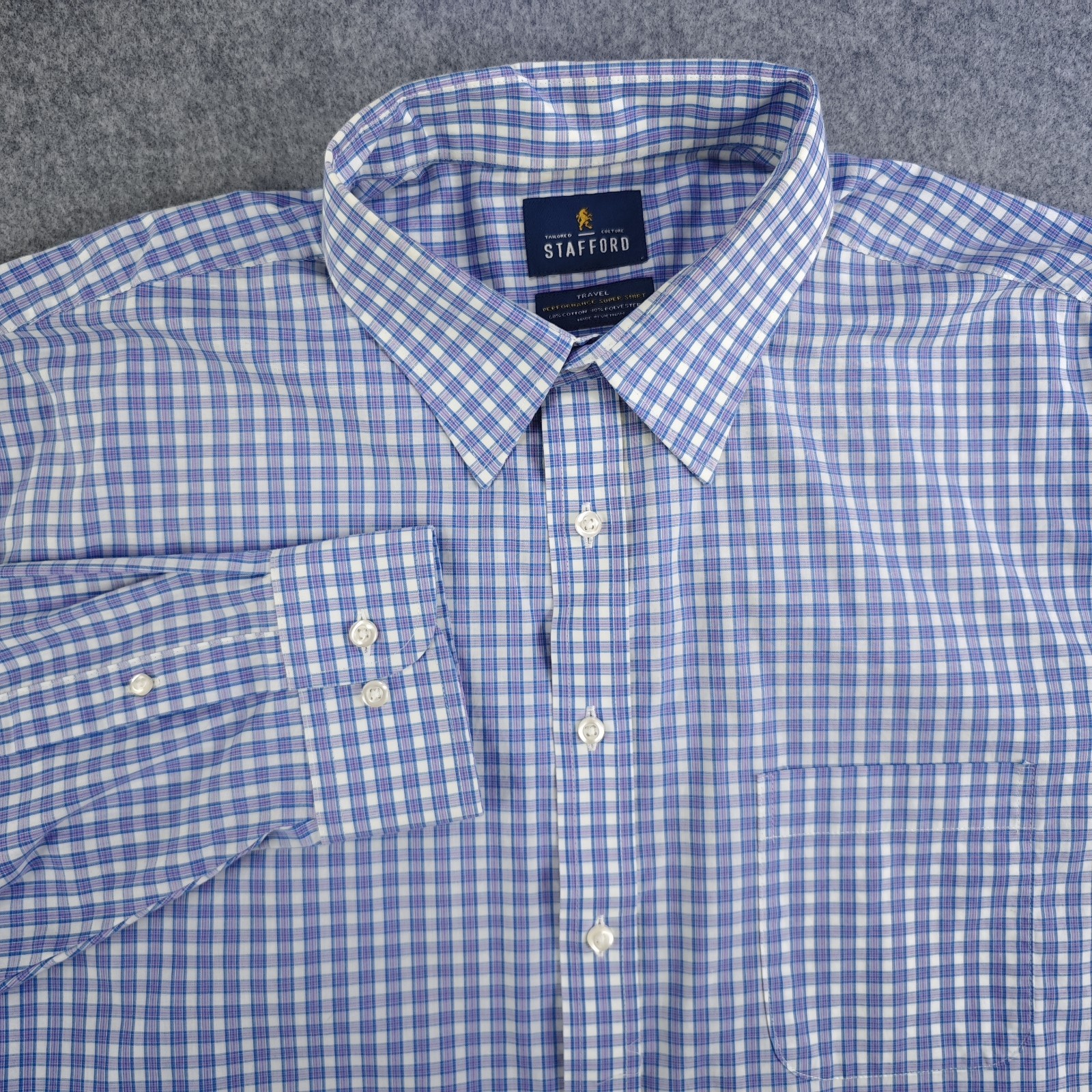 Stafford Dress Shirt Mens 18 36/37 Purple Check Travel Performance Super
