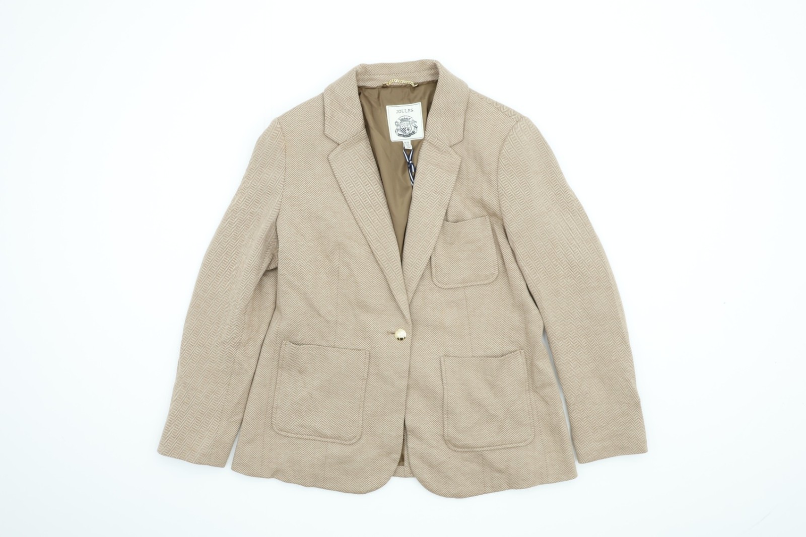 Joules Women\'s Blazer Size 14 Beige Herringbone Button Pockets Lined New