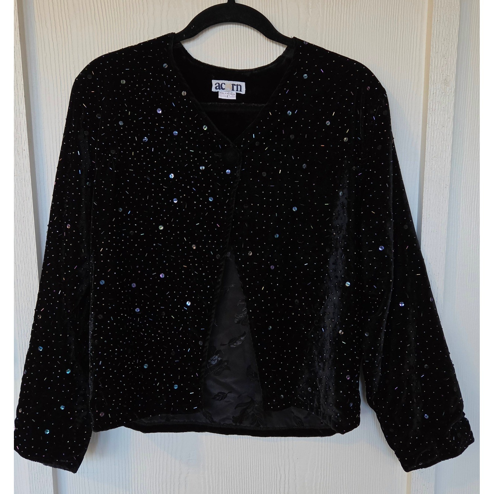 Vintage Black Velvet Beaded Sequin Jacket S Whimsigoth Dark Fairy Art to Wear