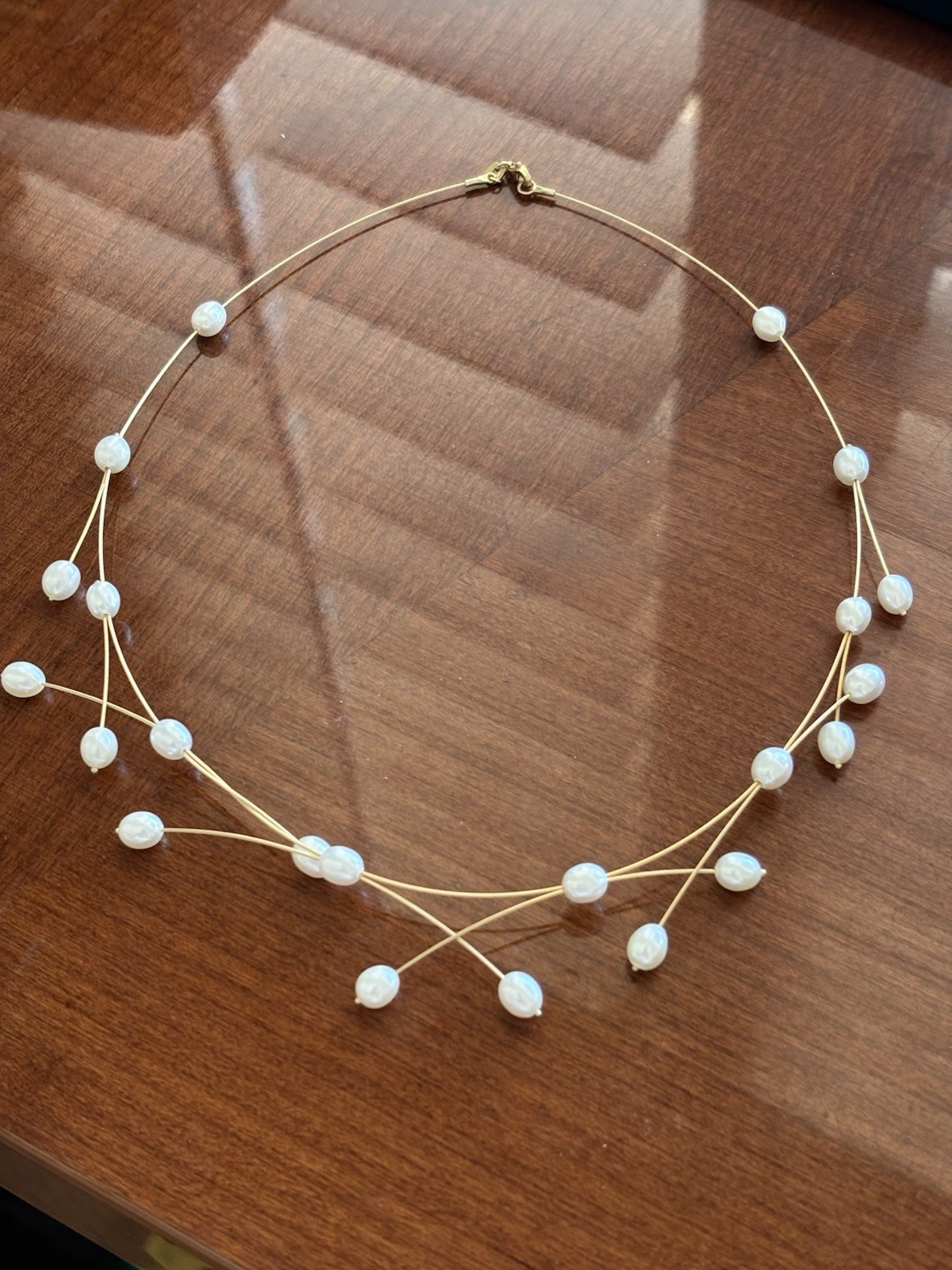 Beautiful RARE 14K YELLOW GOLD & PEARL 17 INCH STRAND WIRE BRIDAL NECKLACE 9.7 G