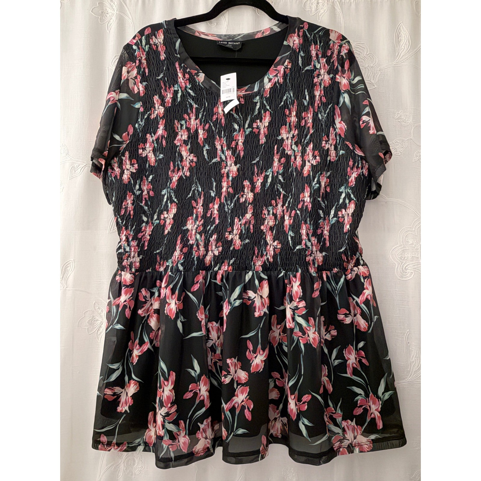 Lane Bryant Floral Smocked Peplum Mesh Top Black Pink Plus Size 18/20 NWT