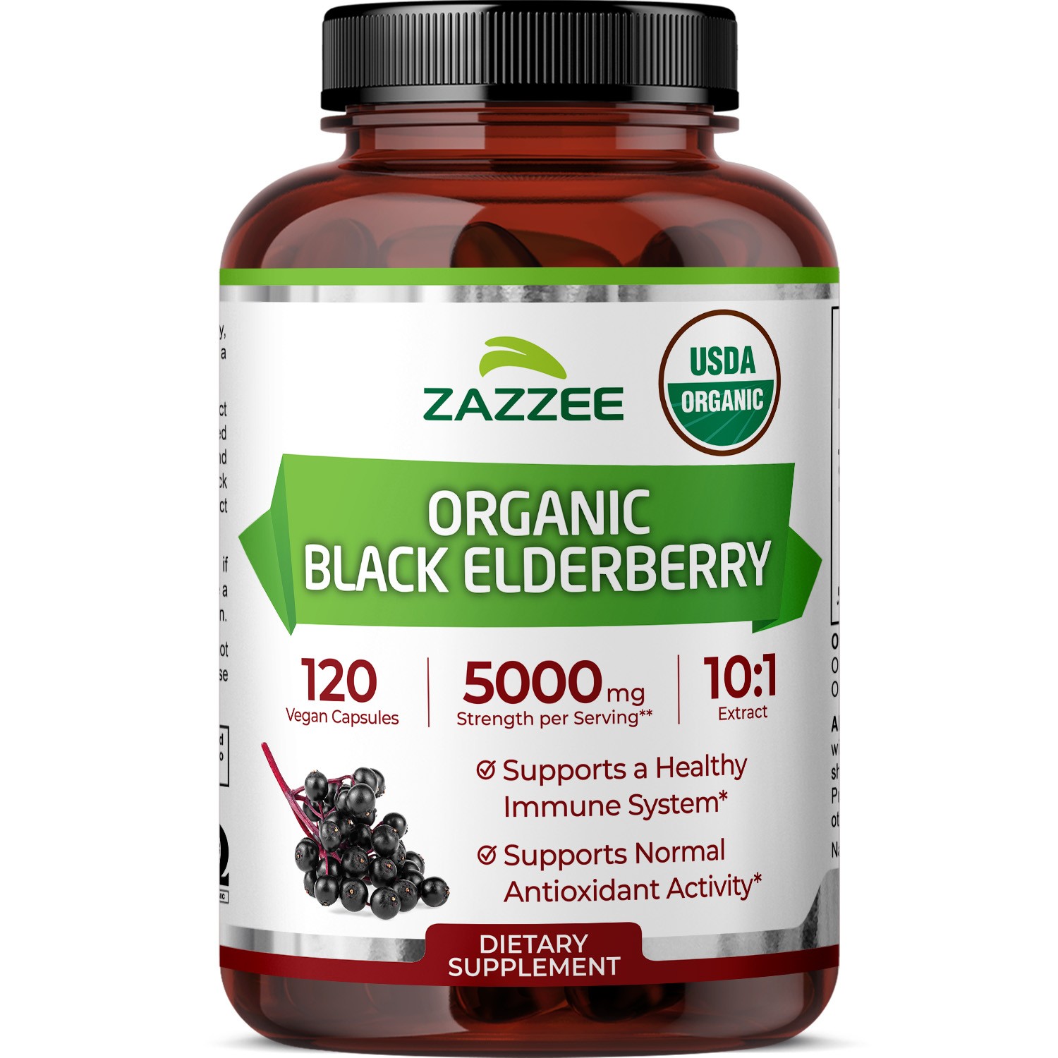 USDA Organic Black Elderberry 10:1 Extract, 5000 mg Strength, 120 Vegan Capsules