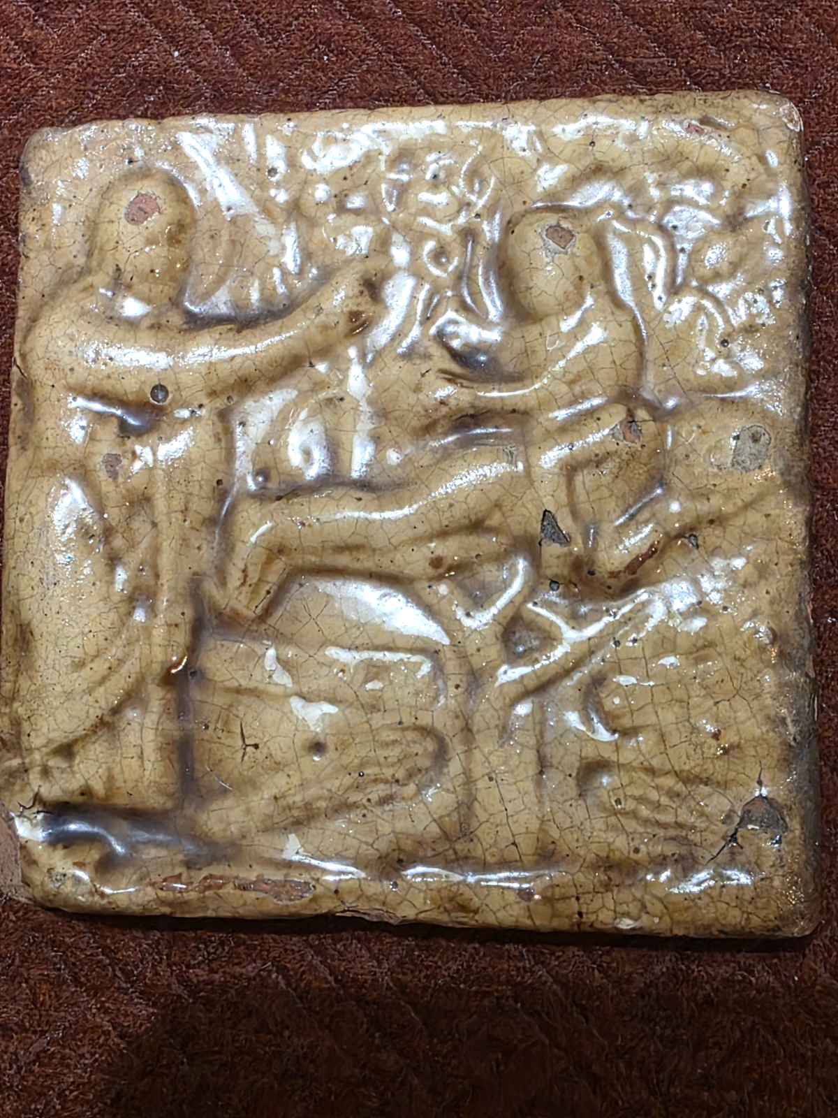 Antique 17thC Terracotta Clay Adam & Eve Serpent Eden Religious Church Tile