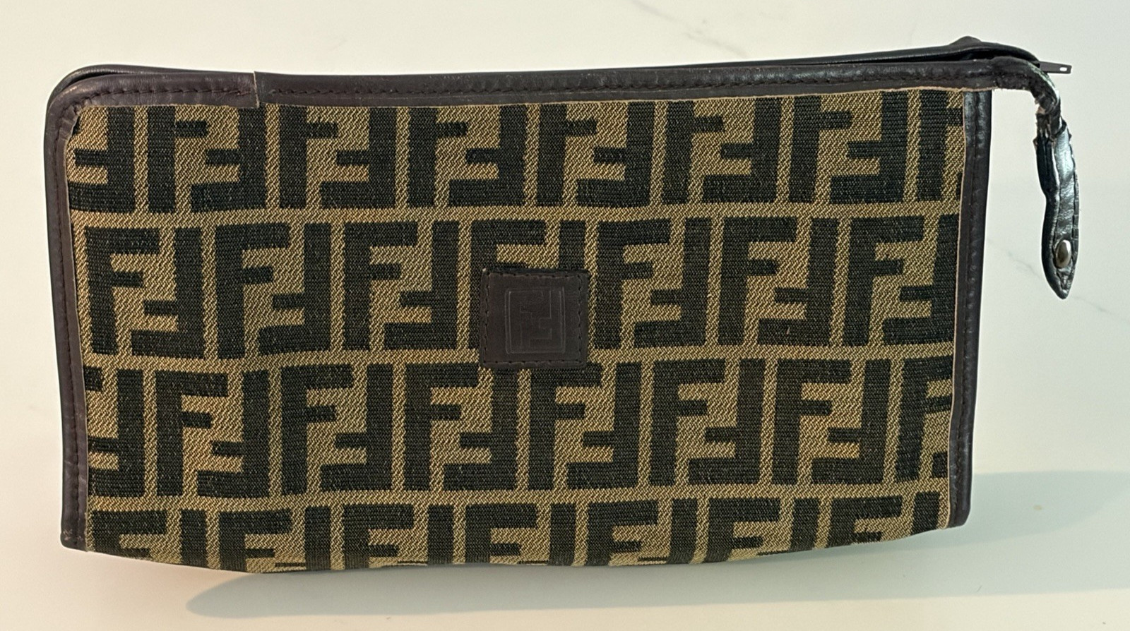 Vintage FENDI s.a.s Zucca Monogram Canvas Clutch Pouch Cosmetic Bag Dark Brown