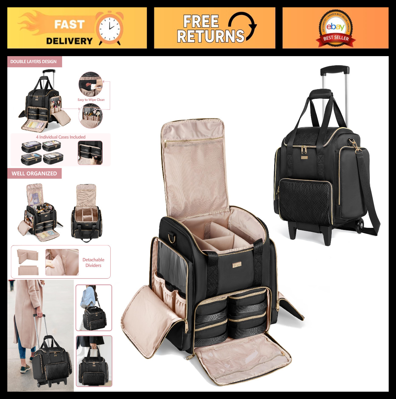 Professional Rolling Makeup Case with Wheels | Travel Bag, 4 Removable Bags, Bru Professional Rolling Makeup Case with Wheels | Travel Bag, 4 Removable Bags, Bru