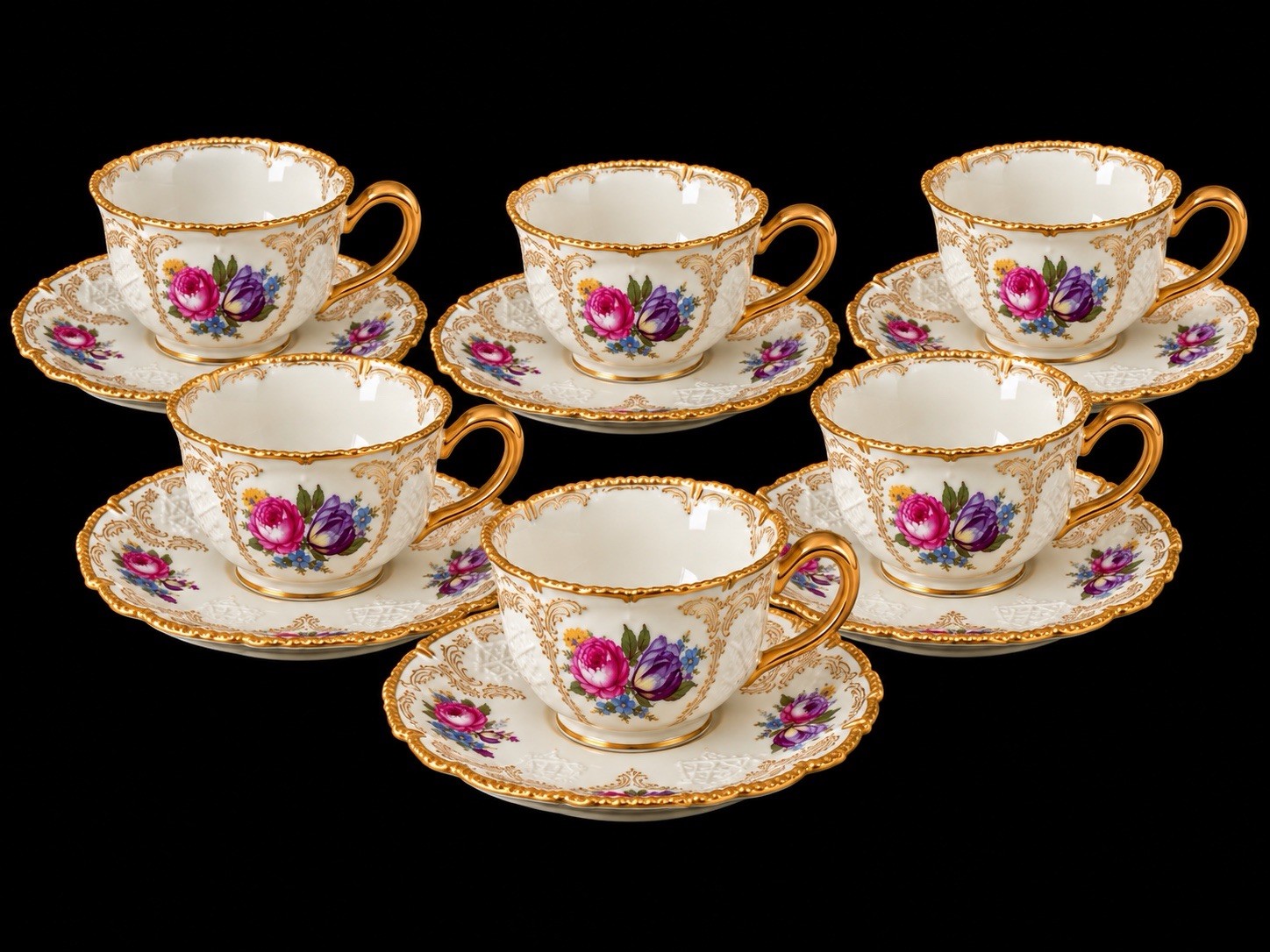 Rosenthal Ivory Germany Vintage 12 Cup & Saucer Sets Floral Gold Trim 24 Pieces