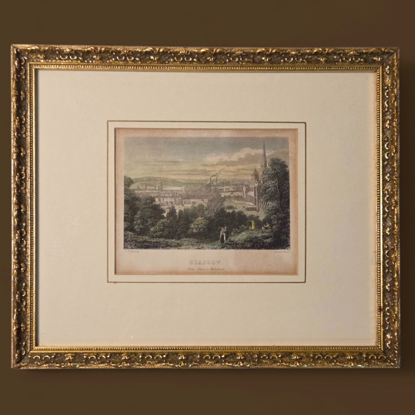Antique Glasgow Knox’s Monument Engraving Print Framed Scotland Victorian Art 