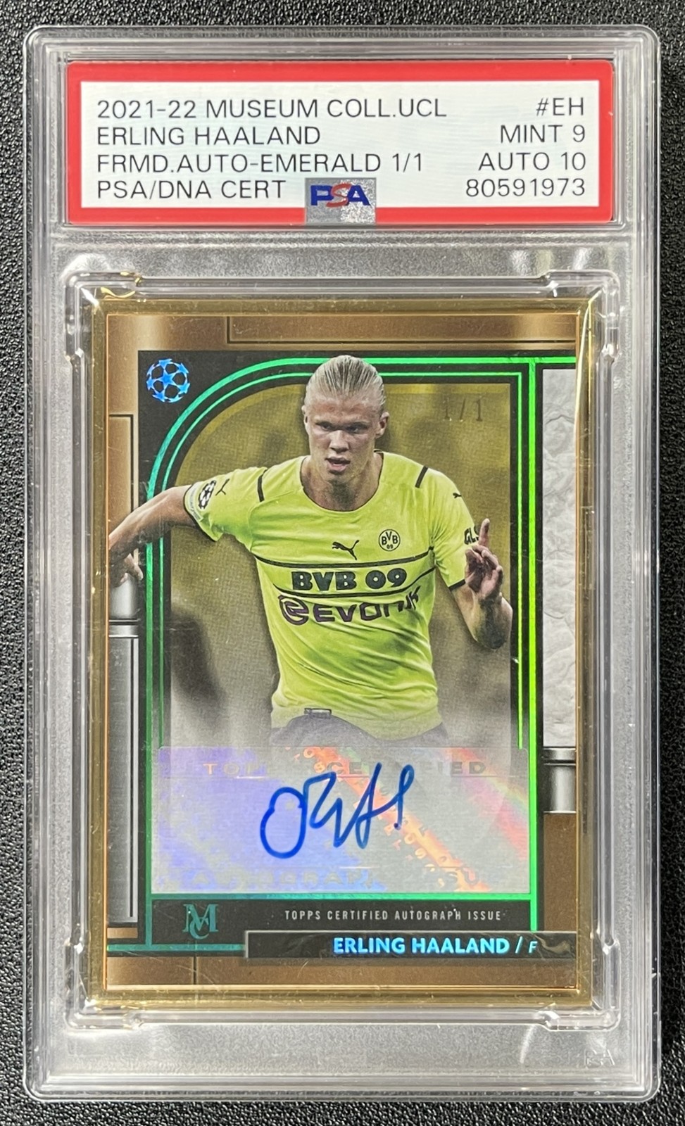 1/1 ERLING HAALAND PSA 9 2021 TOPPS MUSEUM UCL #FA-EH FRAMED 10 AUTO EMERALD 1/1