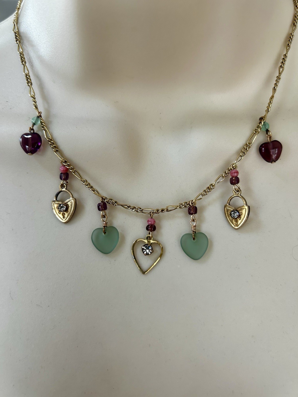 Vintage Lucy Isaacs Padlock Hearts Charm Necklace