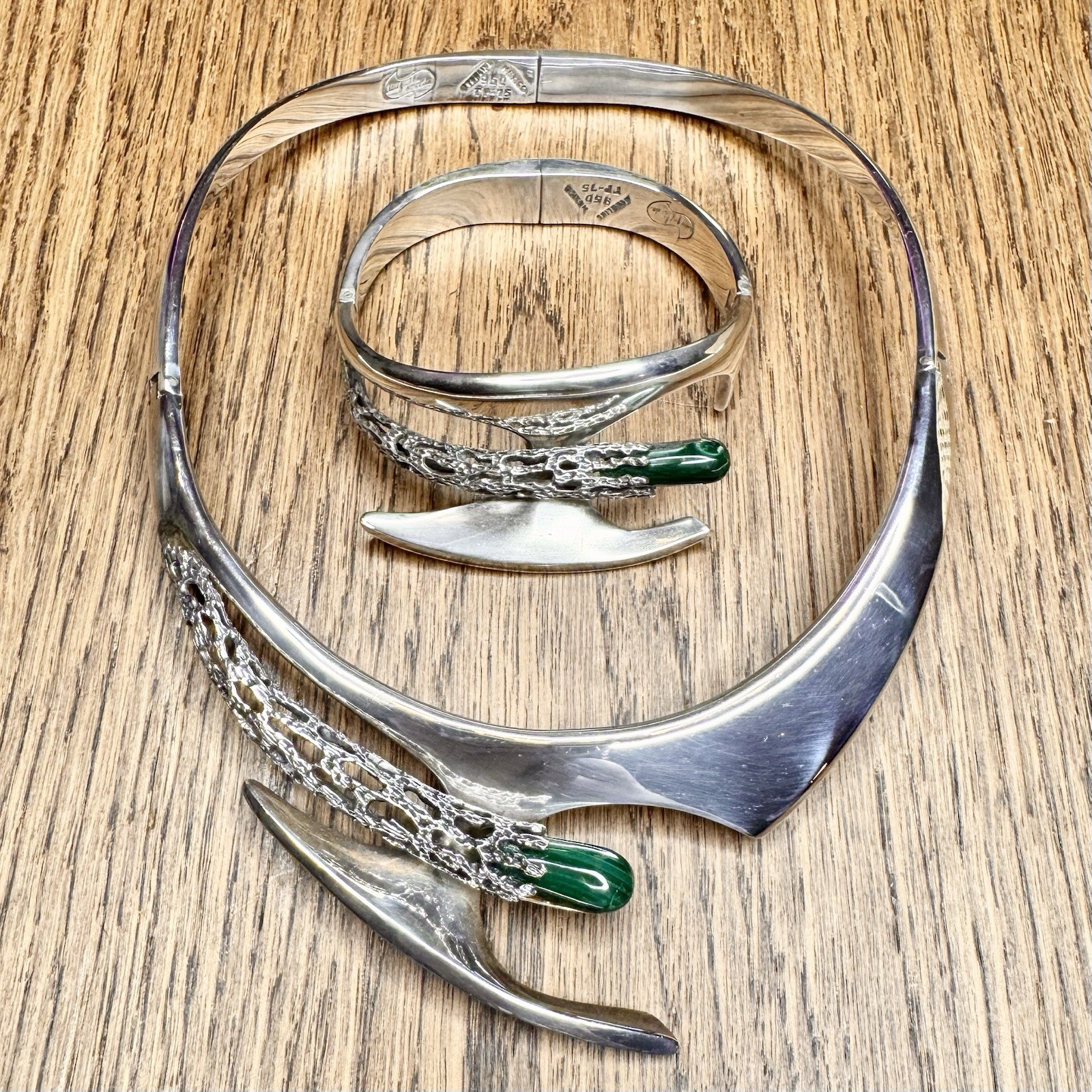 Vtg Miguel Pineda Taxco Mexico 950 Silver Malachite Necklace Bracelet Set 184g